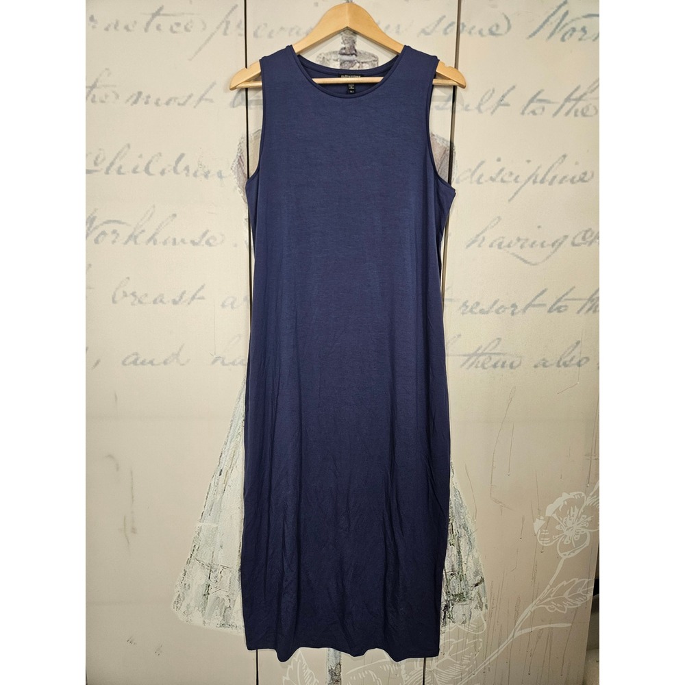 Eileen Fisher Maxi Dress Small Navy Blue Tencel‎ Stretch Sleeveless Minimalist